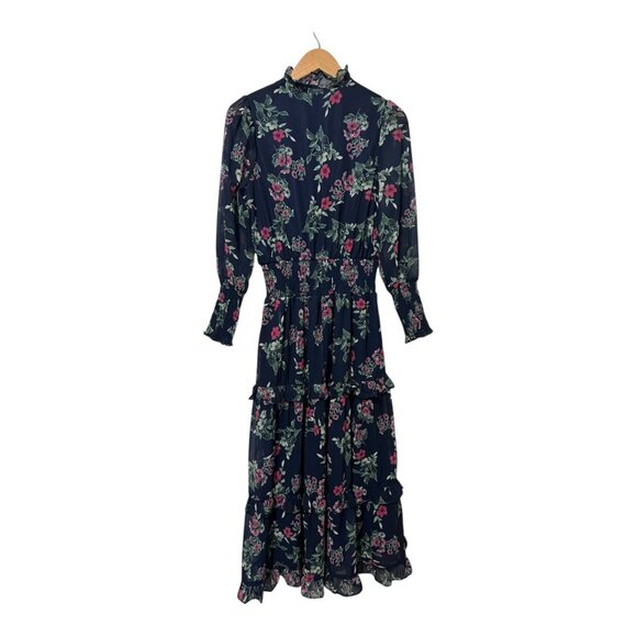 Udel Maxi Dress Blue Floral Modest Smocked Waist Women's Medium Chiffon Tiered - Picture 2 of 7
